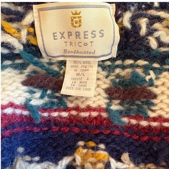 Express Tricot Vintage Chunky Handknit Wool Cardigan with Wood Buttons size M/L - Picture 2 of 13